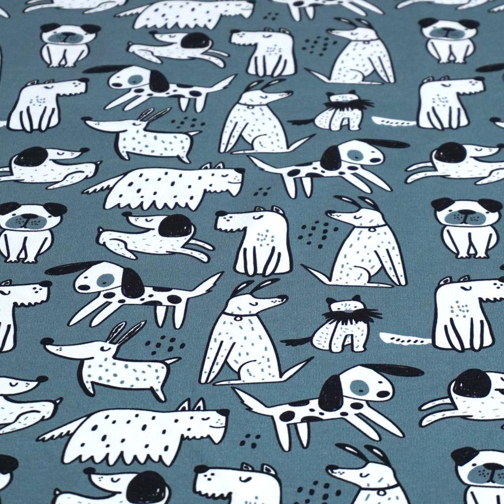 French Terry lustige Hunde scharz weiß auf blaugrau